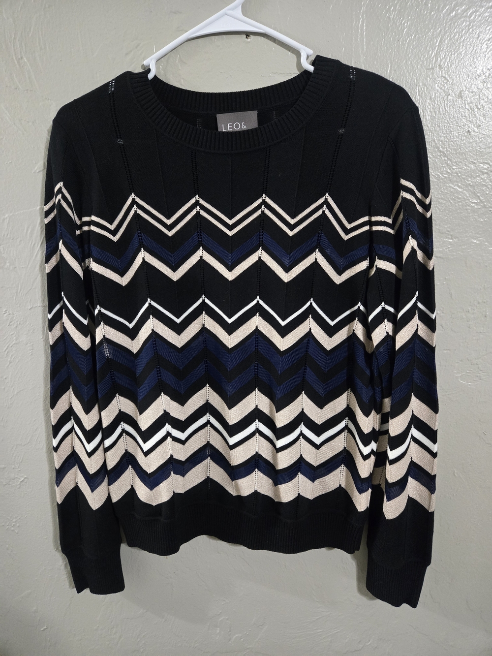 LEO & Sage Black Chevron Crewneck Sweater with Navy and Cream Stripes